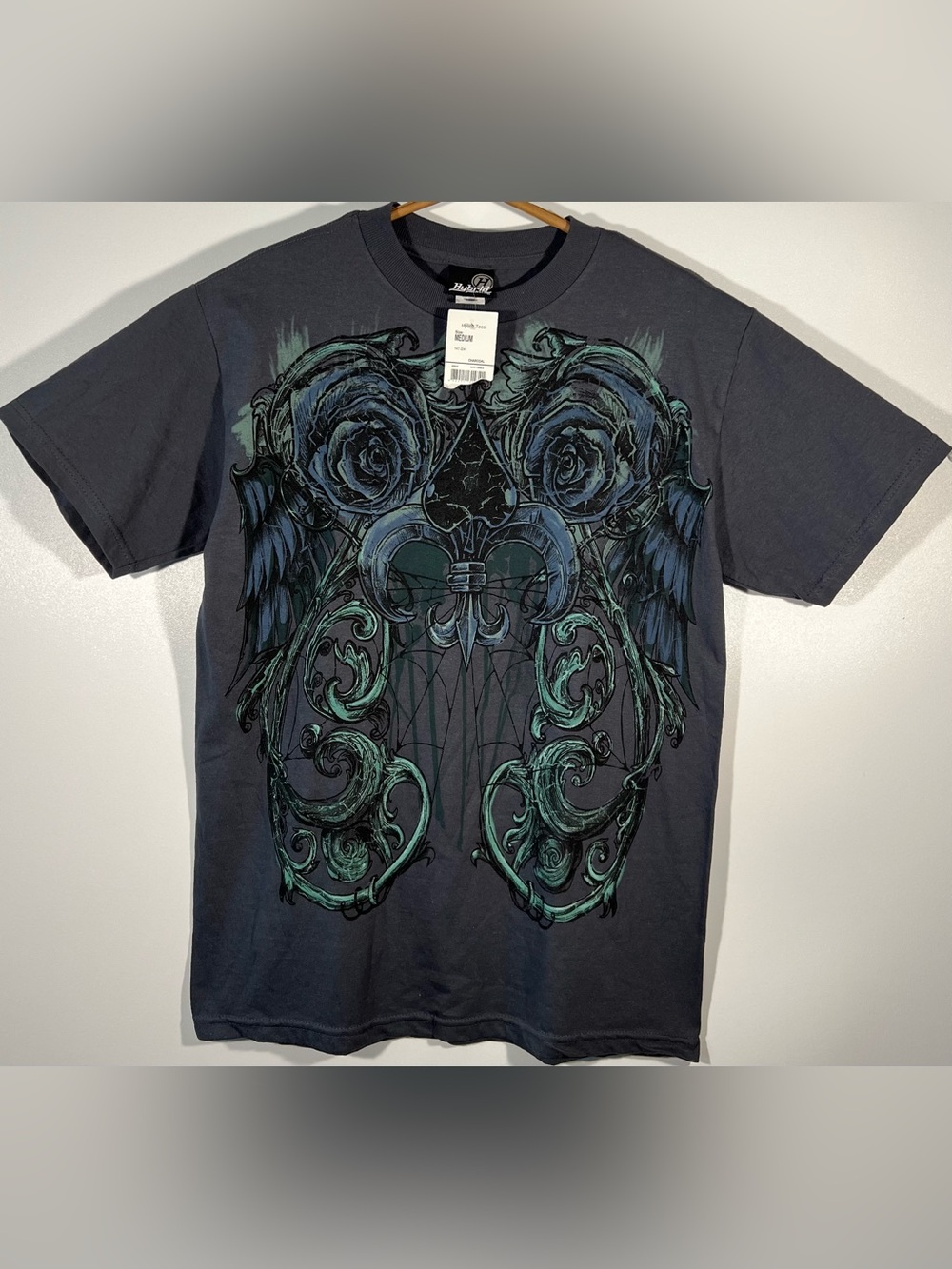 VTG Y2K Hybrid Tees T Shirt Gothic Tribal Graphic Roses fleur-de-lis Men’s Sz M